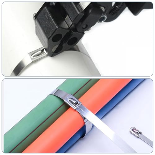 Kabelbinderzange mit Edelstahl Kabelbinder 100 Stück, 4,6 x 200mm Kabelbinder Metall Rostfrei, Edelstahl Kabelbinderwerkzeug Kabelbinderpistole zum Verriegeln Schneiden der Edelstahl Kabelbinder