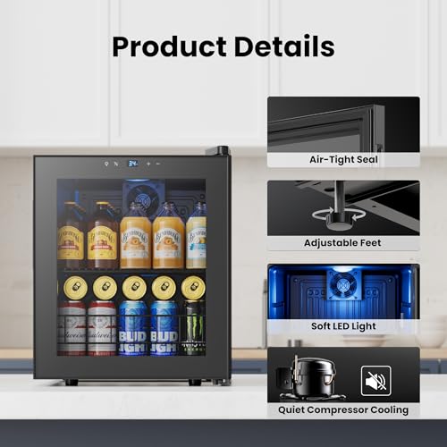 Image of Yeego Beverage Refrigerator Cooler, 65 Cans Drink Mini Fridge with Glass Door for Soda, Beer or Wine, Beverage Cooler with Digital Temperature Control from 34F to 54F for Home, Office or Bar (Black)