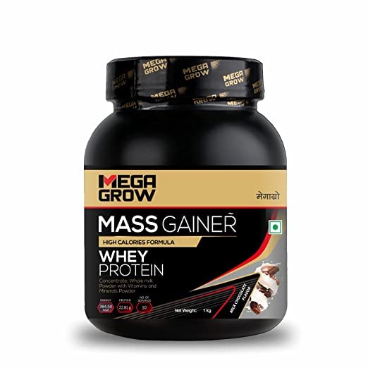 Megagrow Mass Gainer Whey Protein Powder 1Kg – 384.5 Kcal, 22.81g Protein, 9g Carbs | Advanced High-Calorie Weight Gainer for Muscle Growth, Size & Strength | Chocolate Flavour | For Men & Women