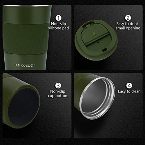 CS COSDDI Thermische reisbeker, geïsoleerde koffiebeker met lekvrij deksel, herbruikbare koffiebeker voor onderweg, voor in de auto, roestvrijstalen thermische beker voor warme en koude dranken, koffie, water en thee, 380 ml (groen-A) - Image 5