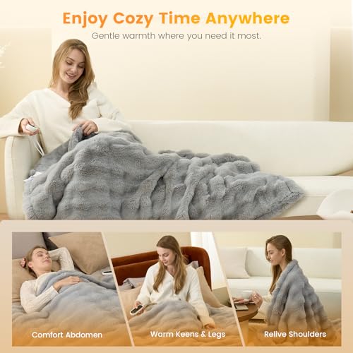 Image of Amelie Home Heated Bubble Faux Fur Blanket Electric - 50 inchx60 inch Heating Blanket Throw 2 /4 /6 /8 Hours Auto-Off 8 Heat Level Over-Heat Protection Electric ETL Certification Grey