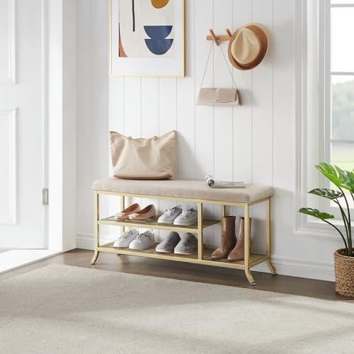 Garvee Banco Zapatero Moderno Dorado para Entrada con Asiento Acolchado de Espuma - Estructura metálica Resistente - 2 Niveles de Almacenamiento - Ideal para Dormitorio, Sala, Pasillo - Color: Oro