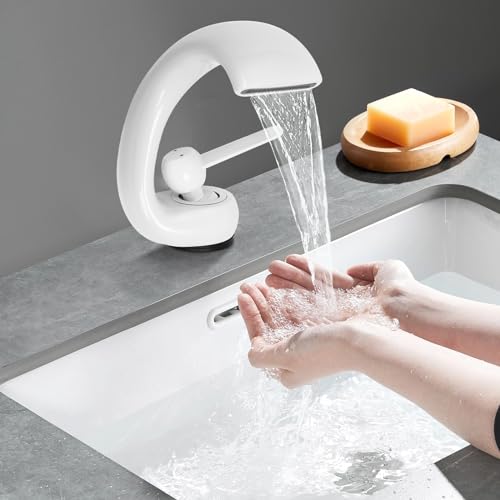 GWOalseO Grifo de baño cascada blanco de gran apertura, control de una sola manija, construcción de latón y acero inoxidable 304, fácil instalación