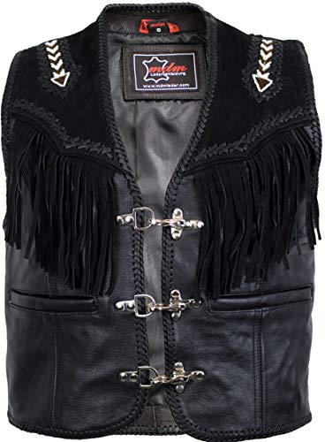 MDM - Chaleco de Piel con Flecos y Hebillas (Cierre Lateral) Negro XL