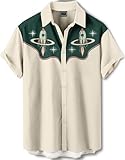 Men's Retro Space Rocket Button-Down Shirt, Short Sleeve, Green and Cream, Vintage-Style Print