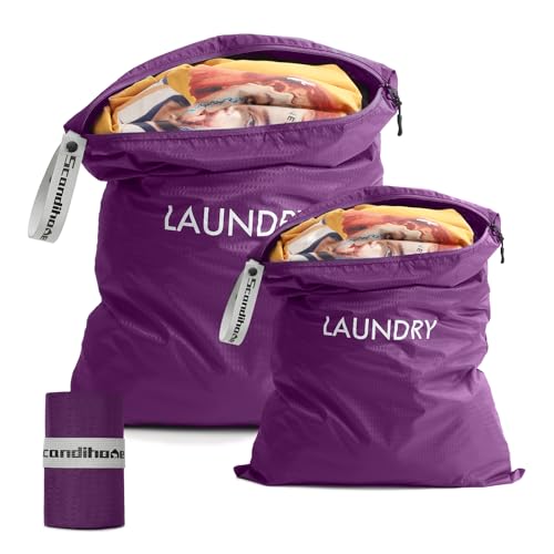 Travel Laundry Bag (2 Pcs - Large + Medium) - Foldable Waterproof Washable Wet Dry Bag for Gym, Swimming, Yoga, and Workout Perfect for Dirty Clothes, Bathing Suits, Travel Accessories (Purple)