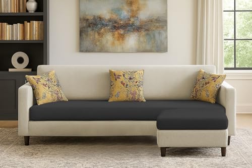 Image of Casaliving Premium Lifestyle Fabric 5 Seater L Shape Sofa Set 4 Seater Modern Sofa Set & Ottoman for Living Room (Cream Black Color)