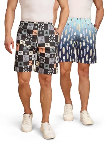 Image of BULLMER Regular Fit Cotton Blend Summer Shorts for Men - Pack of 2 | Printed Shorts for Men Blue /Beige