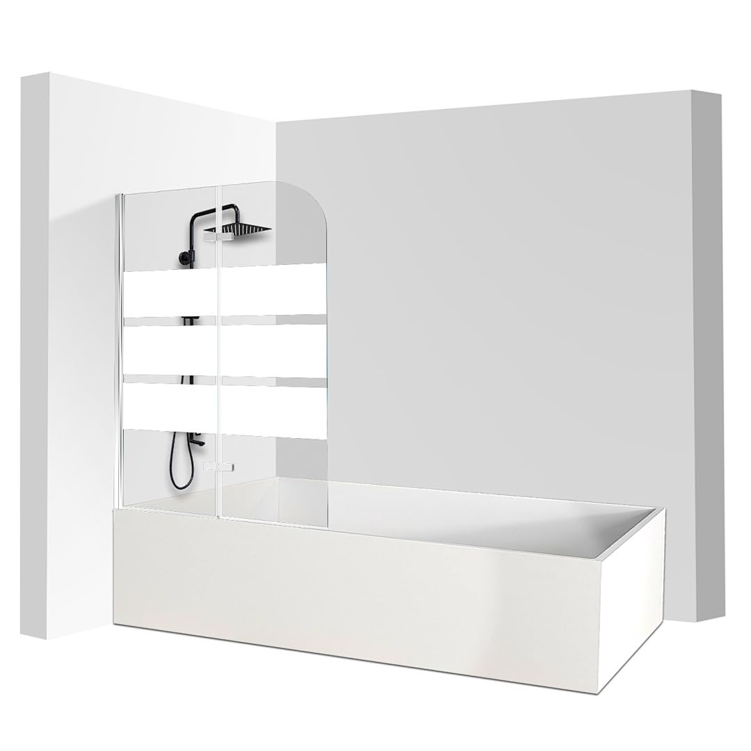 Mampara para bañera plegable de 100 x 140 cm, 2 piezas, de cristal templado de seguridad de 6 mm con rayas blancas, nano-revestimiento, antisalpicaduras, color plateado