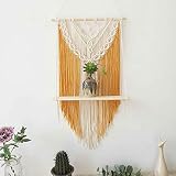 BLUETTEK Yellow Macrame Wall Hanging Shelf, Boho Decorative Floating Plants Swing Hanging Shelf Wood