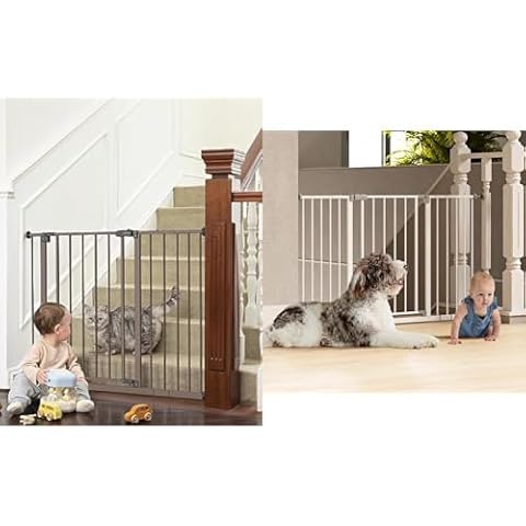 InnoTruth Baby Gate for Stairs 28.9-42.1" and 49" Wide, 30" Tall Easy Step Walk Through Dual Lock Dog Gates for The House,Pressure Mounted Easy Install Pet Gate for Dogs, White/Brown Cover