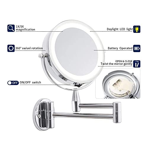 Miroir cosmétique mural LED double face extensible pour salle de bain