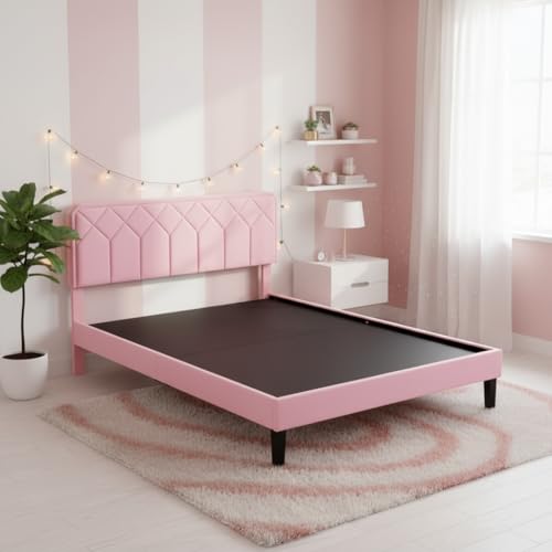 Image of APRODZ Full Size Bed | Upholstered Bed Frame with Channel Tufted Headboard | Bed Full Size Wooden Legs | Double Bed King Size Without Storage | Bedroom Furniture | Pink Fabric & Black Wooden Legs
