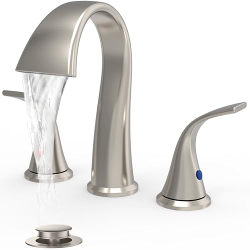 Bathroom Faucets 3 Hole Bathroom Sink Faucet with Pop Up Drain and Water Supply Hoses 8 Inch Waterfall Bathroom Faucet Two Handles for Vanity,Lavatory,Restroom,Commercial,Brushed Nickel