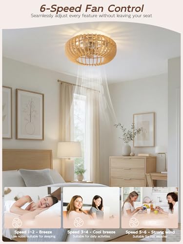 Image of 20 inch Wood Ceiling Fans with Lights Flush Mount, Caged Boho Ceiling Fan with Light Remote Control, Wooden Low Profile for Bedroom, Living Room, Nursery