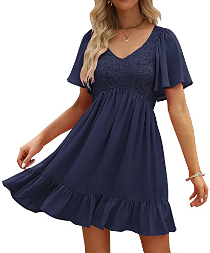 Image of LILLUSORY Women's Flowy Casual Mini Dresses 2026 Summer Graduation Smocked V Neck Vacation Dress Dress with Pockets