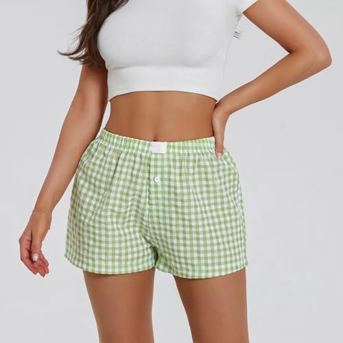 Image of Women Y2k Gingham Boxer Shorts Plaid Striped Cute Mini Bloomers Elastic Waist Loose Fit Summer Shorts