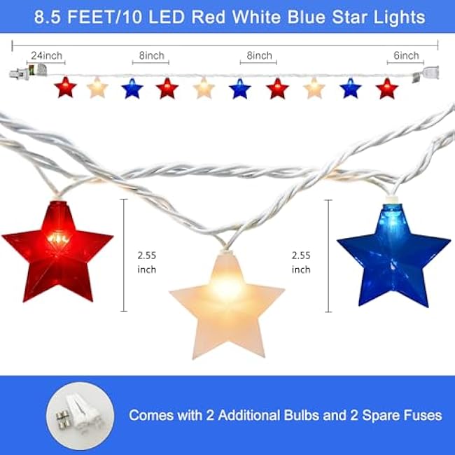 Red White Blue Stars String Lights, 8.5ft Independence Day Decoration Lights with 10 Red White Blue Lights, 4th of July Decoration String Lights Plug In for Patriotic Wedding Patio Garden Party Decor