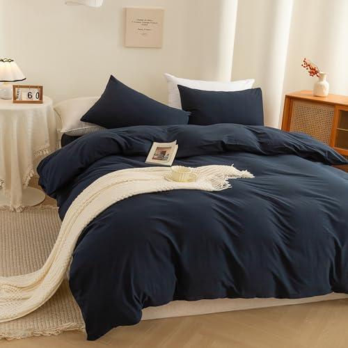 Image of ECOCOTT Navy Blue Duvet Cover Super Queen Size - 100% Washed Cotton Durable Soft Comfy Bedding Set, 3 Pieces Duvet Cover with Zipper Closure (Navy Blue, 98''x90'')