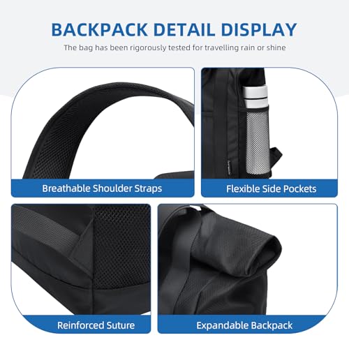 GOLF QUALITY Rolltop Rucksack Damen Herren, Rucksack Tasche 2 in 1 Damen Foldable Handtasche Leichtgewicht Casual Schultertasche Nylon Reiserucksack Arbeit Wander,22L Schwarz