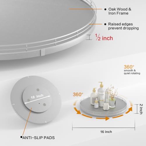 Image of Oroyutor 16-Inch Oak Lazy Susan Organizer with Silver Iron Rail