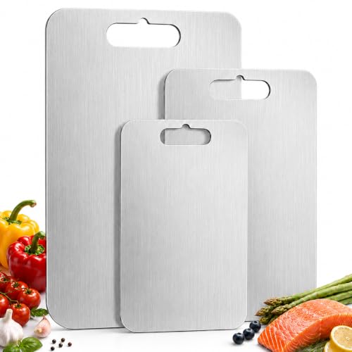 Image of 100% Pure Titanium Cutting Board Set of 3, Dishwasher Safe Kitchen Boards | 3-Piece Double-Sided Non-Toxic Cutting Board,Vegetables, Fruits, Raw and Cooked Food Prep,Features Handle (M+L+XL）