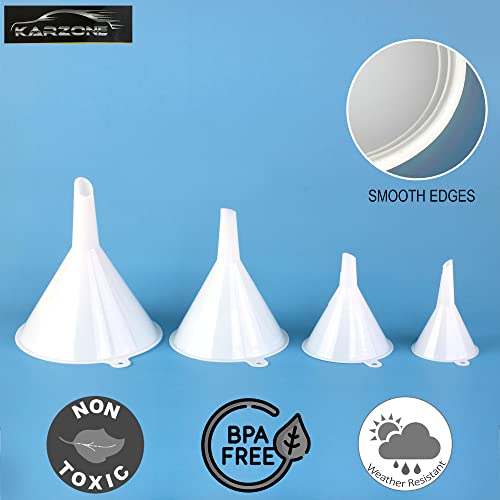 Image of Plastic Funnel for Automotive Use - Kitchen Funnels for Filling Bottles, Jars, Containers or Lab Use - Oil Funnel for Gas, Car Oil, Lubricants and Fluids (White-4 Pack)