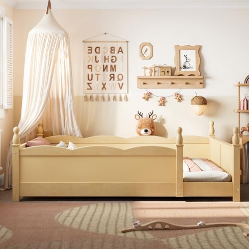 Image of Bellemave Twin Size Montessori Floor Bed Frame with High Fence, Solid Wood Kids Floor Bed with Bookshelf, Low Profile Bed for Boys & Girls, Childlike Design,Natural