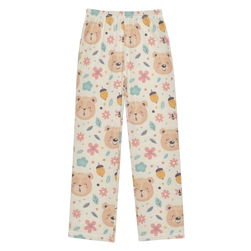 ALAZA Cute Bear with Pink Flower Pajamas Bottoms with Pockets Comfy Pjs Sleepwear Elastic Waistband Pajamas Pants Lounge Pants for 6-14 Years