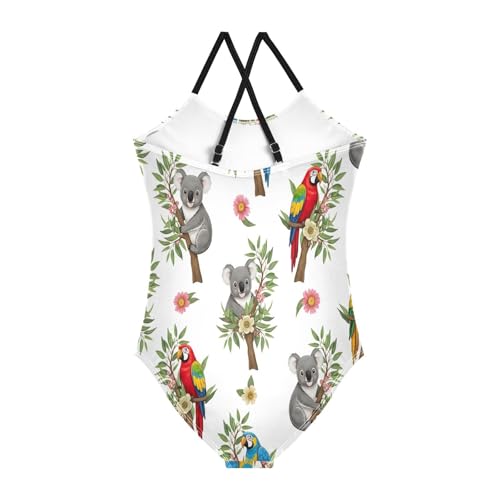 Cute Koalas Parrots White Girls' Swimwear, Beach Swimwear 3-10 Y with Adjustable Shoulder Strap, 3-10 Y2