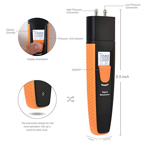 Bluetooth Digital Manometer, Dual Port Air Pressure Meter Pressure Gauge HVAC Gas Tester, Differential Pressure Manometer, Hti-Xintai