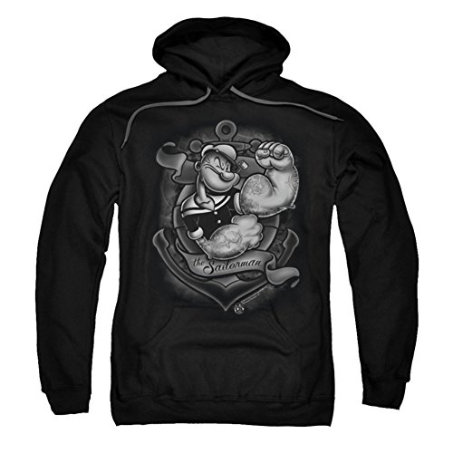 Trevco Popeye/Anchors Away-Adult Pull-Over Hoodie-Black-XL