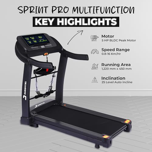 Image of Sprint Pro Multifunction 5 HP Peak BLDC Motorized | Hydraulic Foldable Treadmill | 25Level Auto Incline| 16 Km /Hr Max Speed| 140Kg User Weight| Bluetooth Speaker| Wynd app | Home use| Black