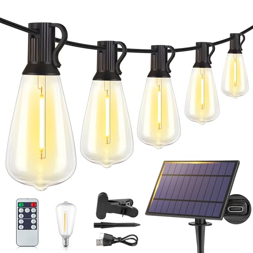 Larkvue Solar-Lichterkette für den Außenbereich mit Fernbedienung, wasserdicht, dimmbar, Terrassenlichter mit 18 + 1 LED ST38 Leuchtmittel, 3 Modi, hängende Beleuchtung für Hinterhof, 12 m