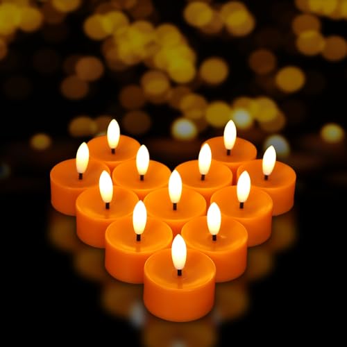 Image of 12 Pack Orange Flameless Tealight Candles Battery Operated Tea Lights, Realistic Flickering Fake LED Tealights Candles, 3D Wick LED Tea Lights for Halloween, Festival, Party, Home Decor