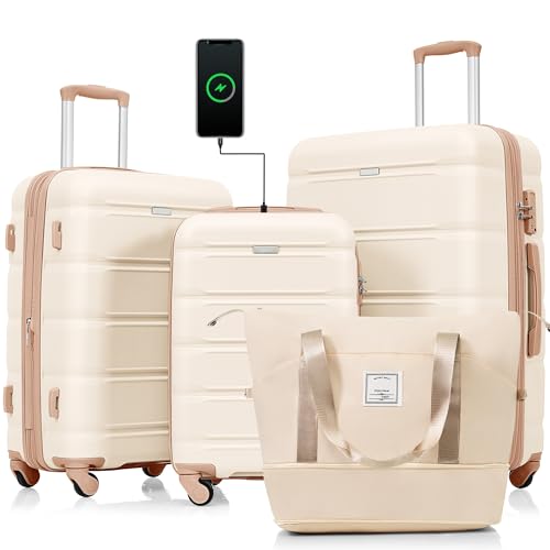 Luggage Sets 4 Piece, 20-inch with USB Port, Expandable ABS Durable Suitcase with Travel Bag, Cup Holder, ABS Hard Shell Luggage with Spinner Wheels, beige and golden