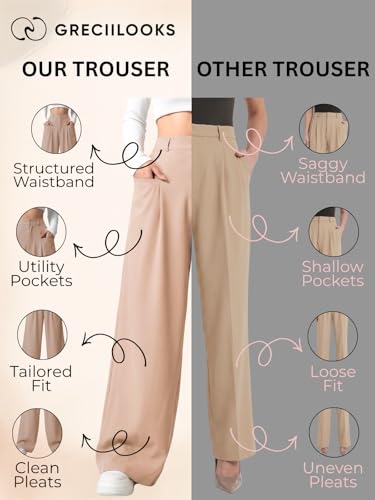 Image of GRECIILOOKS Trousers for Woman | Womens High Rise High Waist Flared Korean Style | Formal Pant for Women Office Wear| Track Pants for Womans Elegant for College & Events (Available in Plus Size)