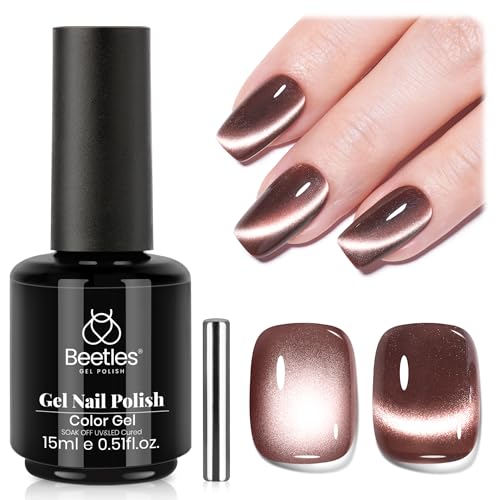 Image of Beetles Brown Cat Eye Gel Nail Polish - Cinnamon Girl Cat Eye Gel Polish, 15ML Glitter Brown Magnetic Gel Polish Jelly Sheer Translucent Effect Soak Off UV French Nail Art Manicure Gift for Women