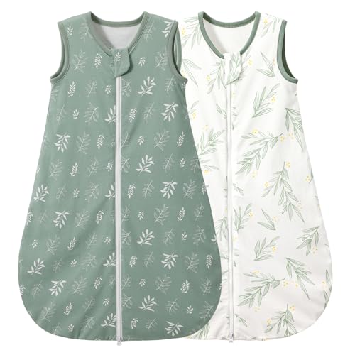 Image of Duomiaomiao Baby Sleep sack 1.0 Tog, 2 Pack Cotton Baby Sleeping Bag All Years Round, Wearable Blanket Unisex Toddler Newborn Sleep Bag 0-6 Months, Green Leaves