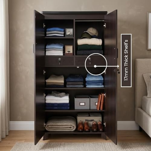 Image of CASPIAN 2-Door Wardrobe (17mm Thick Wood) Coffee Black | Pre-Assembled Almirah with Mirror, Hanging Space, 4 Shelves, 2 Drawers & Secure Locker | Durable Engineered Wood Clothes Storage Cupboard.