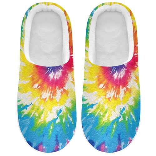 House Fuzzy Slippers Rainbow Tie-dye Anti-Slip Warm Shoes for Womens & Men 20849853