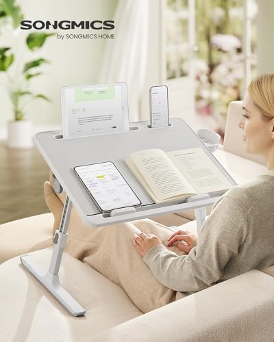 Image of SONGMICS Bed Laptop Desk, Foldable Bed Desk for Laptop, 15.7 x 22 Inches Large Desktop, 120 Stepless Tilt, Adjustable Height, Cup Holder, Tray, Portable Bed Sofa Table, Gray ULLD113GZ01