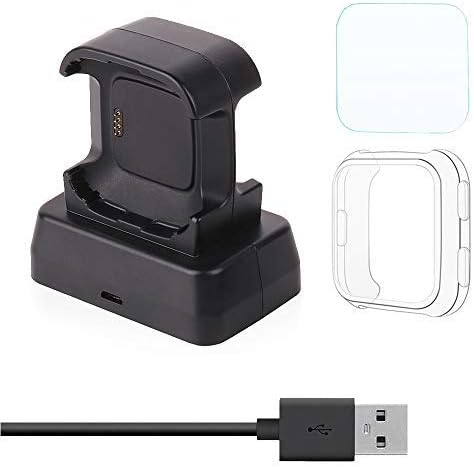 Moutik Fitbit Versa Charger Portable: Charging Dock Accessories Station with Tempered Glass and Smartwatch Protective Case, with 4.2ft Replacement USB Charging Cable Cord
