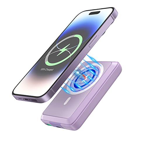 MagLoop Wireless Portable Charger, 10000mAh Magnetic Power Bank PD 20W with USB-C Cable, Wireless Battery Pack for iPhone 14/13/12, Mini, Pro, AirPods and More(Purple)