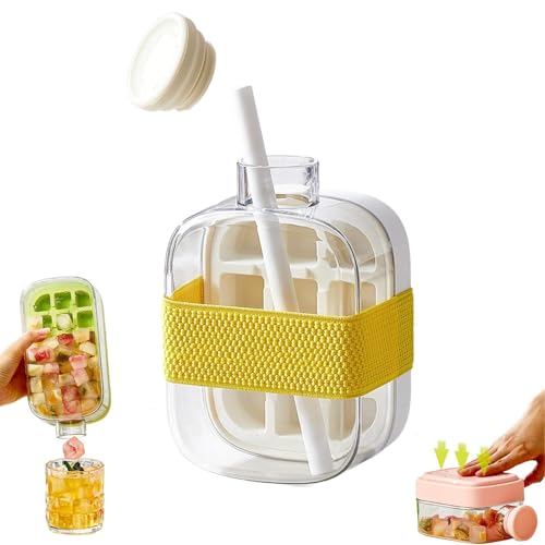 Ice Cube Bottle with Straw - 2 in 1 Water Bottle Ice Cube Tray,Water Bottle with Lid and Container, with Straw & Tie, Perfect for Ice Cubes, Beverages, Easy Fill Stackable(500 Ml-White)