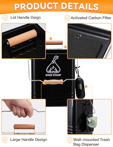 Image of Dog Poop Trash Can Outside, Metal Pet Waste Trash Can with Lid & Handle, 5L /1.3Gal Dog Waste Station with Bag Holder & 30 Bags(Black)