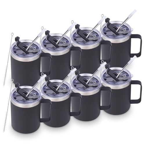 Volhoply 12oz Insulated Leakproof Coffee Mug with Flip & Straw Lid Bulk 8 Pack,Double Wall Vacuum Stainless Steel Travel Tumbler Cup with Handle,Reusable Camping Keep Cold/Hot(Black,8 Set)