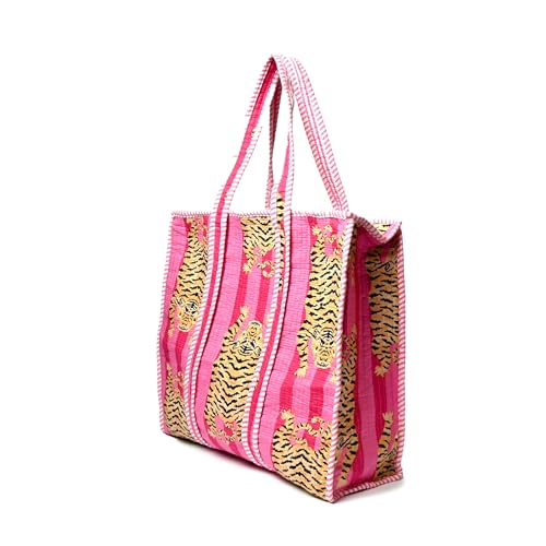 IGH Tropical Beach Tote Bag, Cotton Canvas, Leopard and Palm Tree Print, Blue, Double Handle For Women 18 x 5 x 18 inches2