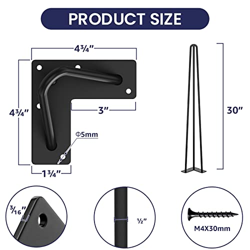 SMARTSTANDARD 30 Inch Hairpin Table Legs, 3 Steel Rods 1/2 Inch Pipe Diameter, 800lbs Load Capacity, Mid-Century Style for Coffee Table, Side Table, Night Stand (Black, 4PCS)
