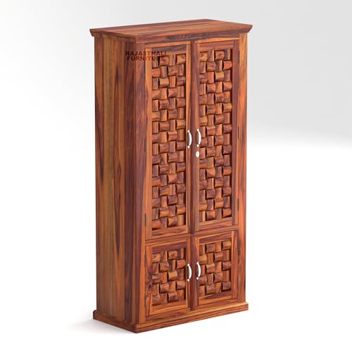 Image of Niwar Solid Sheesham Wood Wardrobe for Bedroom Modular Wooden Wardrobe Space Saving with 2 Door & 2 Drawer /Storage Rack Clothes Almirah Cupboard for Bedroom (Honey Finish)